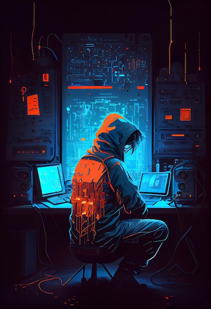 Hacker sitzt am Desktop