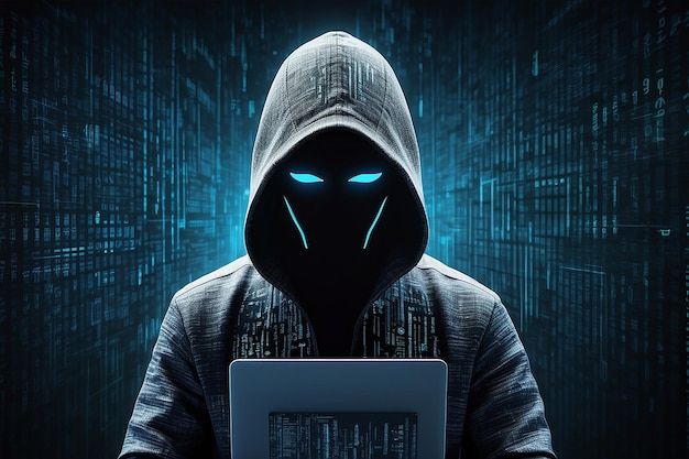 Hacker sobre Background Digital Abstract com Elementos de Código Binário e Programas de ComputadorHacker sobre Background Digital Abstrato com Elementos