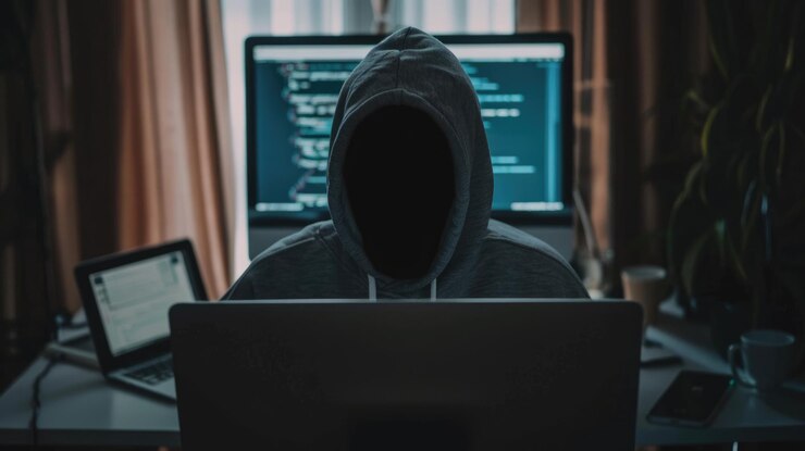 Foto un hacker en solitario desata malware de phishing en la red de transformación digital