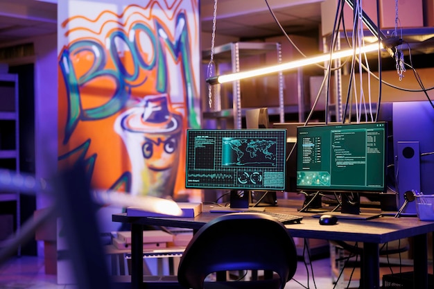 Hacker spyware rompiendo datos en pantallas de computadoras en el espacio de trabajo de escondite oscuro Software malicioso entrando en el servidor en múltiples monitores en un almacén abandonado con graffiti por la noche
