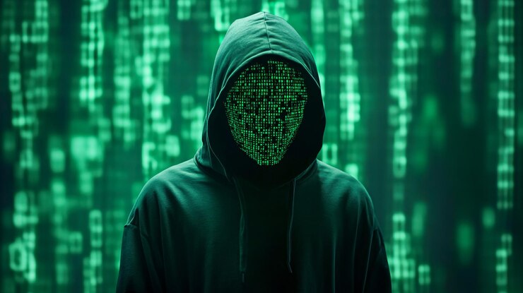 Foto un hacker con una sudadera y una máscara de código está llevando a cabo un cibercrimen