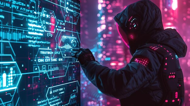 Un hacker con una sudadera negra con guantes rosados brillantes y visera se infiltra en un sistema informático de alta tecnología con una interfaz futurista