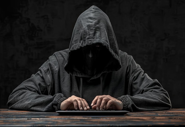 Un hacker con una sudadera negra sentado en una mesa con una computadora portátil contra un fondo oscuro Suave