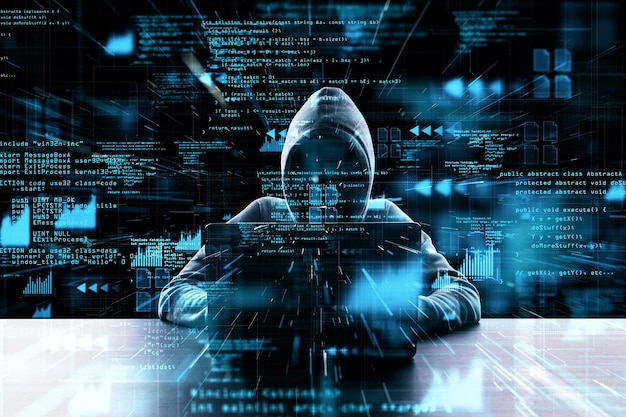 Hacker con superposiciones de datos financieros y interfaz digital