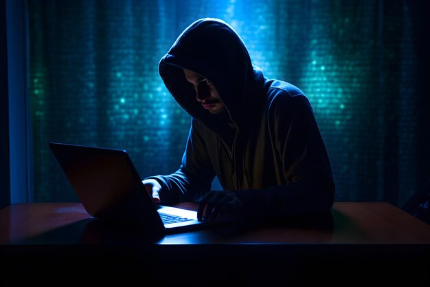 Un hacker trabaja en una computadora con un fondo digital
