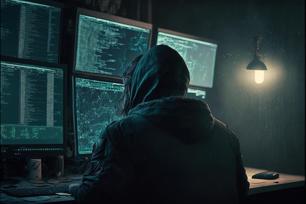 Hacker trabaja en un cuarto oscuro, el hombre usa computadoras con muchos monitores generativos AI
