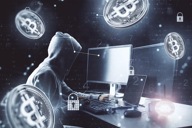 Hacker trabajando en computadora con bitcoin volador