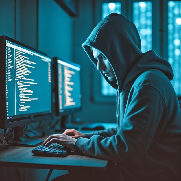 Hacker trabajando en la computadora con código