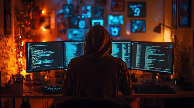 Hacker trabajando en una habitación débilmente iluminada con una figura encapuchada frente a varios monitores brillantes que muestran códigos encriptados y brechas de seguridad