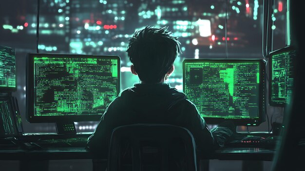 Un hacker trabajando de noche en una ciudad con pantallas verdes y código