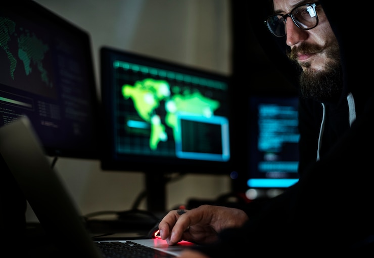 Foto hacker trabajando usando computadora con códigos