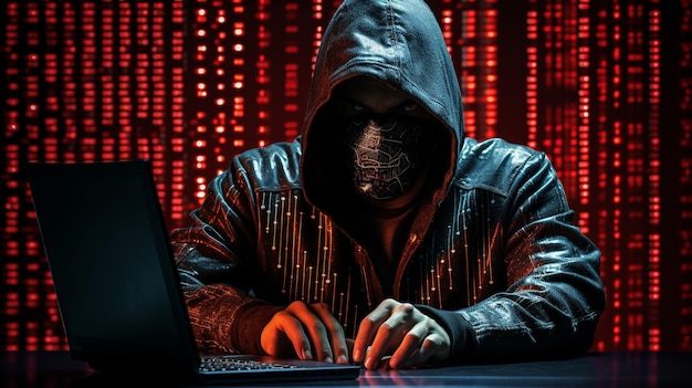 Hacker trabalhando com laptop em sala escura vista de trás AI gerativa