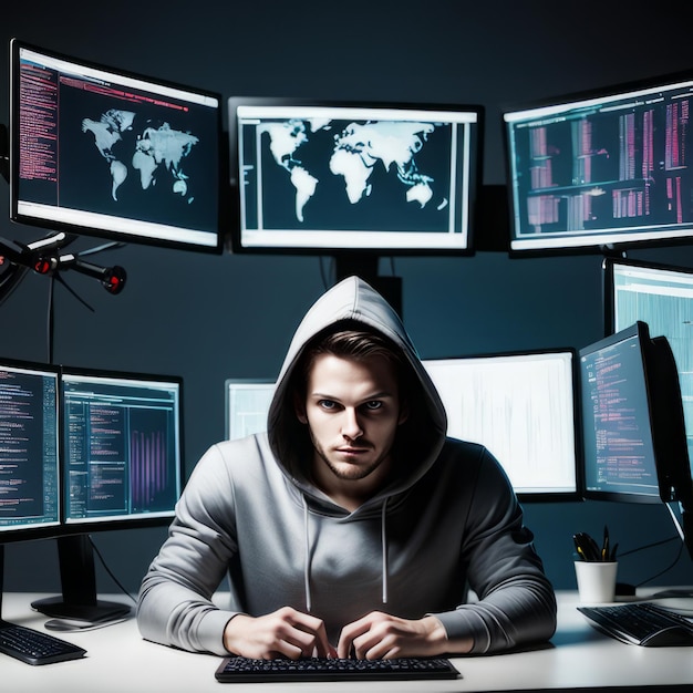 hacker trabalhando no escritório conceito de crime cibernético hacking concepthacker trabalhando no escritório cybe