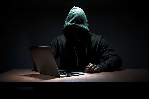 Hacker trägt schwarzen Hoodie mit Laptop-Computer, während er auf dunklem Hintergrund arbeitet