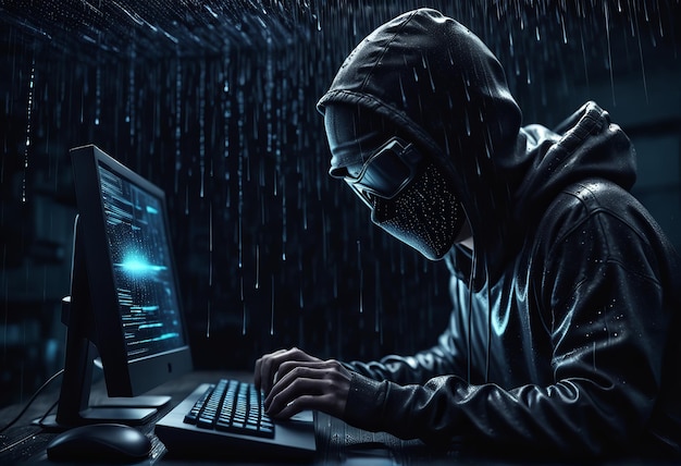 hacker usando computador com laptophacker usando computador com laptophacker com capuz escuro e capuz usi