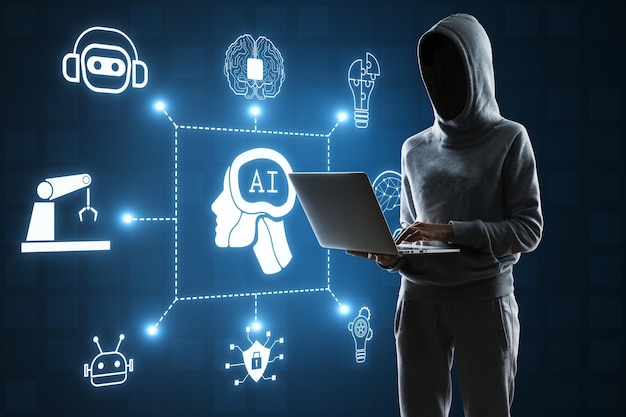 Hacker usando una computadora portátil con un holograma creativo brillante con una cabeza humana digital en fondo azul Aprendizaje automático de hacking inteligencia artificial y concepto de asistente de conversación