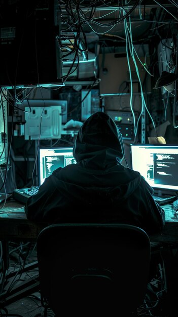 Hacker usando computadora en la sala de servidores Concepto de ataque cibernético y seguridad de datos