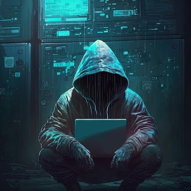 Hacker usando internet para hackear servidor de computador Luz de brilho azul Ai gerada