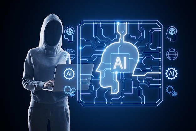 Hacker usando laptop com holograma criativo de contorno de cabeça de IA com circuito em fundo azul embaçado Conceito de hacking e tecnologia