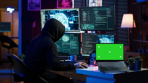 Hacker usando laptop de tela verde para implantar malware em dispositivos não protegidos