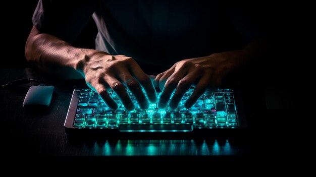 hacker usando laptop para atacar no escritório noturno hacking