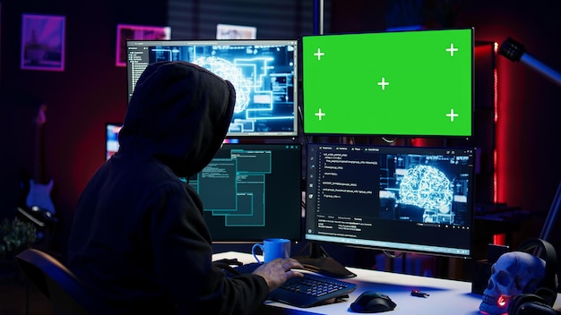 Hacker usando PC de pantalla verde y IA para encontrar conexiones sin parches