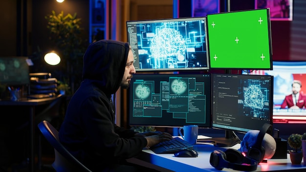 Hacker usando PC de pantalla verde y IA para encontrar conexiones sin parches