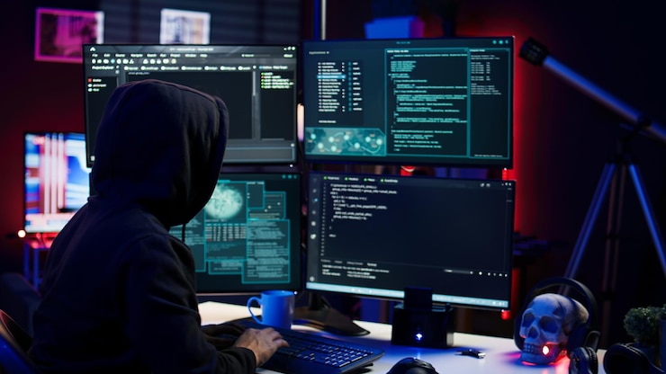 Foto hacker usando pc para robar datos dirigidos a sistemas de seguridad sin parches