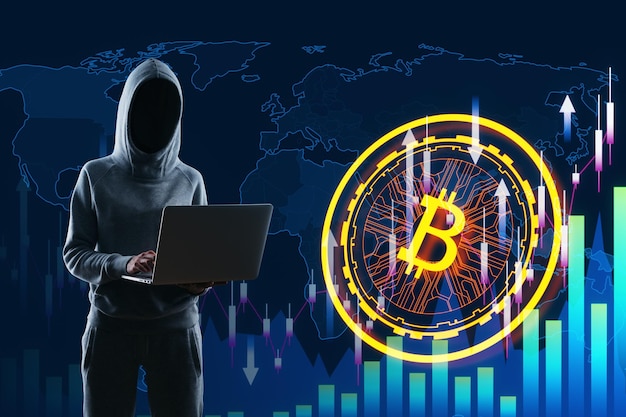 Hacker usando portátil con creativo brillante mapa digital de bitcoin en fondo de tecnología oscura con gráfico de divisas y flechas Corredor hacking malware y concepto bancario futurista
