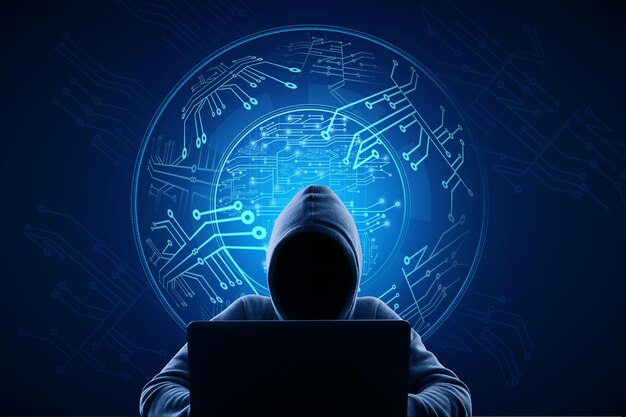 Hacker usando portátil con esfera de circuitos digitales brillantes abstractos en fondo azul tecnología de hardware hacking malware y concepto de innovación
