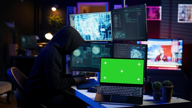 Hacker usando portátil de pantalla verde para desplegar malware en dispositivos no protegidos