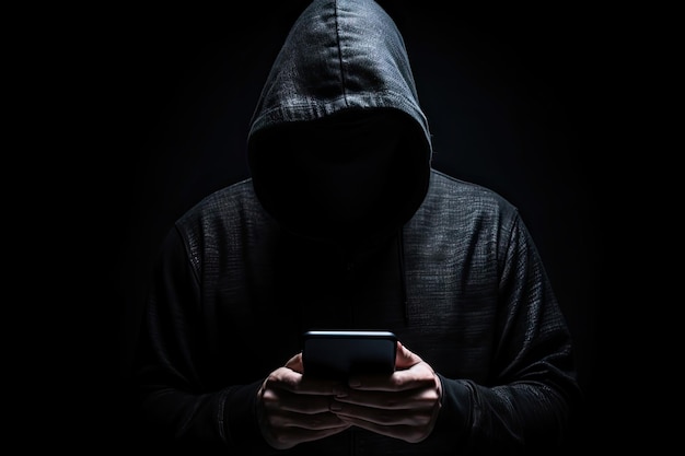 Hacker usando smartphone Homens de roupas pretas com rosto escondido olham para a tela do smartphone em fundo preto Conceito de hacking Ilustração de IA generativa