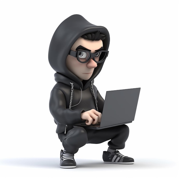 Un hacker vestido de negro con una máscara y una laptop con una divertida ilustración cómica en 3D en un blanco