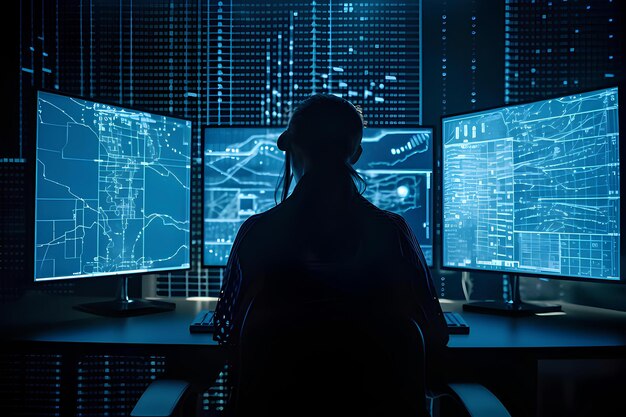 Un hacker visto desde detrás del escritorio violando la ciberseguridad en la web