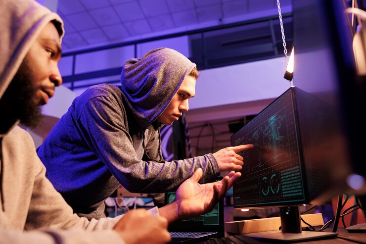Foto los hackers apuntan a la pantalla mientras espían