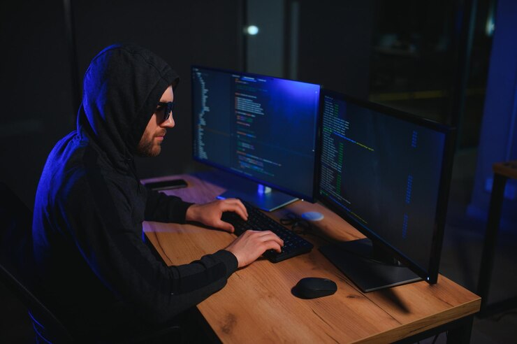 Foto los hackers buscados codifican virus ransomware usando portátiles y computadoras el concepto de ataque cibernético, violación de sistemas y malware