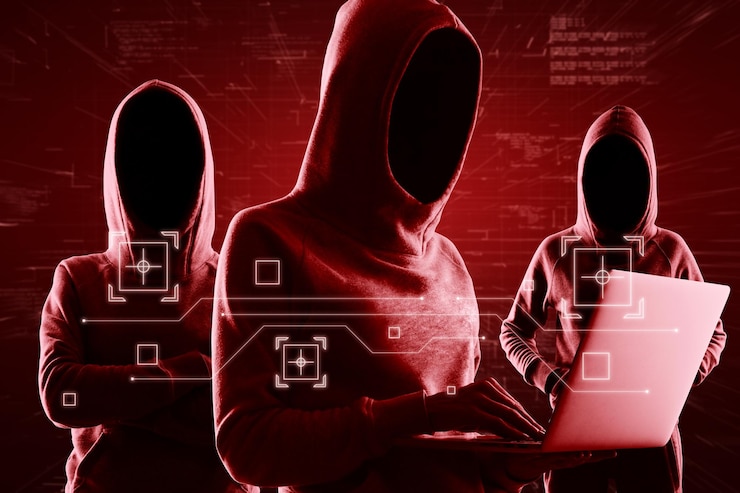 Foto hackers sin rostro de sombras rojas en sudadera con capucha usando una computadora portátil y símbolos tecnológicos virtuales abstractos
