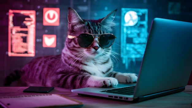 Foto hackerthemed setting gato con gafas de sol escribiendo en computadora portátil concepto animales lindos gafas de sol tema de hacker computadora portátil poses divertidas