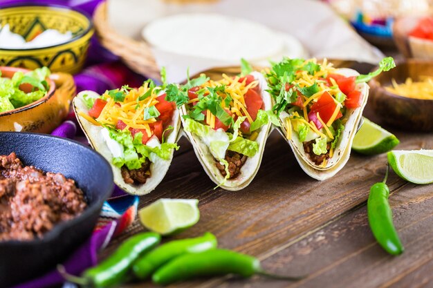 Hackfleisch-Tacos mit Römersalat, Tomatenwürfeln und geriebenem Cheddar-Käse.