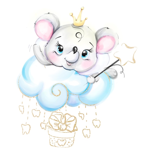 Hada del diente de acuarela con una varita mágica y saludo Ratón princesa dental de dibujos animados