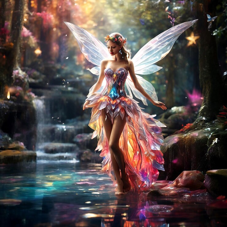 un hada con una mariposa en el fondo de una cascada