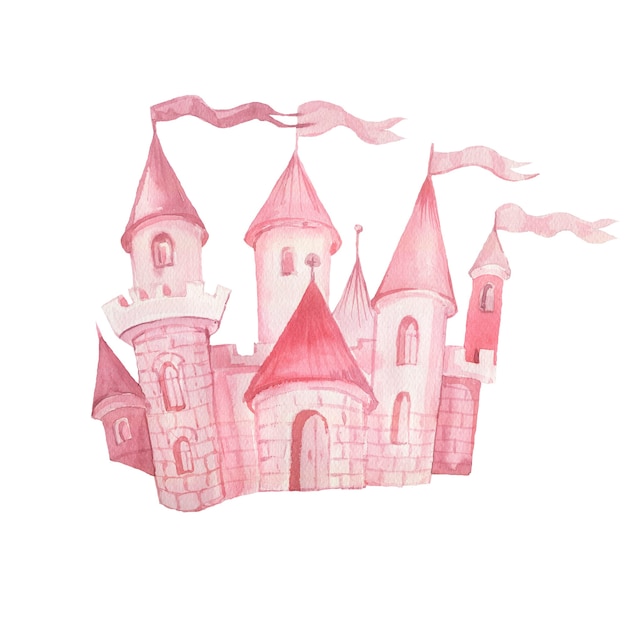 Hada princesa castillo ilustración acuarela dibujada a mano conjunto impresión textil fondo imágenes prediseñadas para niñas para las vacaciones felicitaciones nubes color rosa linda imagen