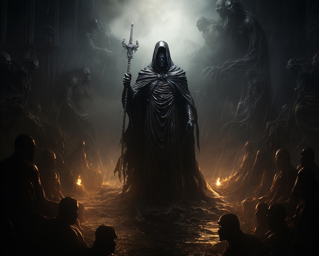 Hades gobernante del inframundo reino oscuro y figuras fantasmales misterio y presentimiento