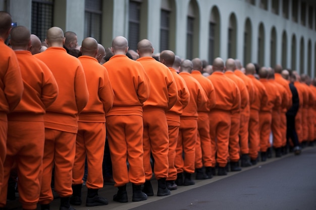 Häftlinge in einem Gefängniszentrum Eine Gruppe unerkennbarer Häftlinger in orangefarbener Uniform im Gefängnis