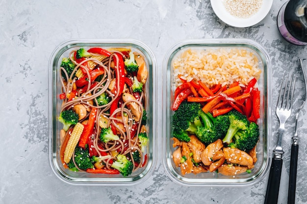 Hähnchen-Teriyaki-Pfannengerichte zur Zubereitung von Lunchbox-Behältern mit Brokkoli, Karotten, Reis oder Soba-Nudeln