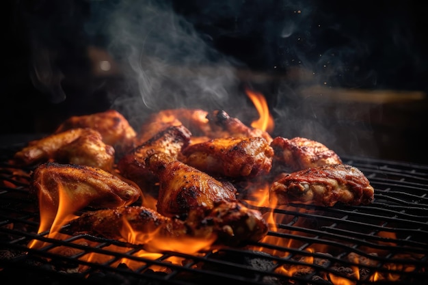 Hähnchenkeulen und -flügel auf dem Grill mit von der KI erzeugten Flammen