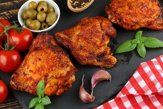 Hähnchenschenkel gebacken mit Gemüse und Gewürzen Köstliches und appetitliches Essen auf dem Tisch