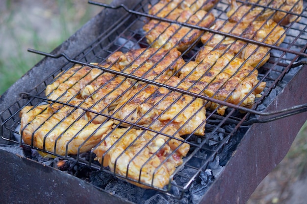 Hähnchenspieße auf dem Grill braten Picknick in der Natur