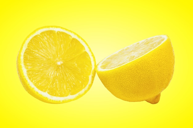 Hälfte der Zitrone Zitrusfrucht lokalisiert auf gelbem Hintergrund