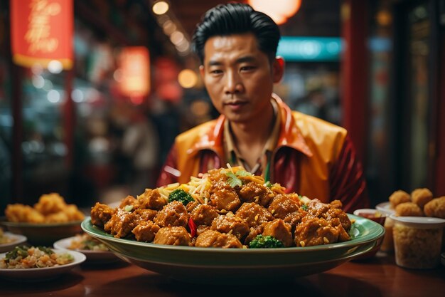 hält chinesisches Essen mit verschwommenem Hintergrund